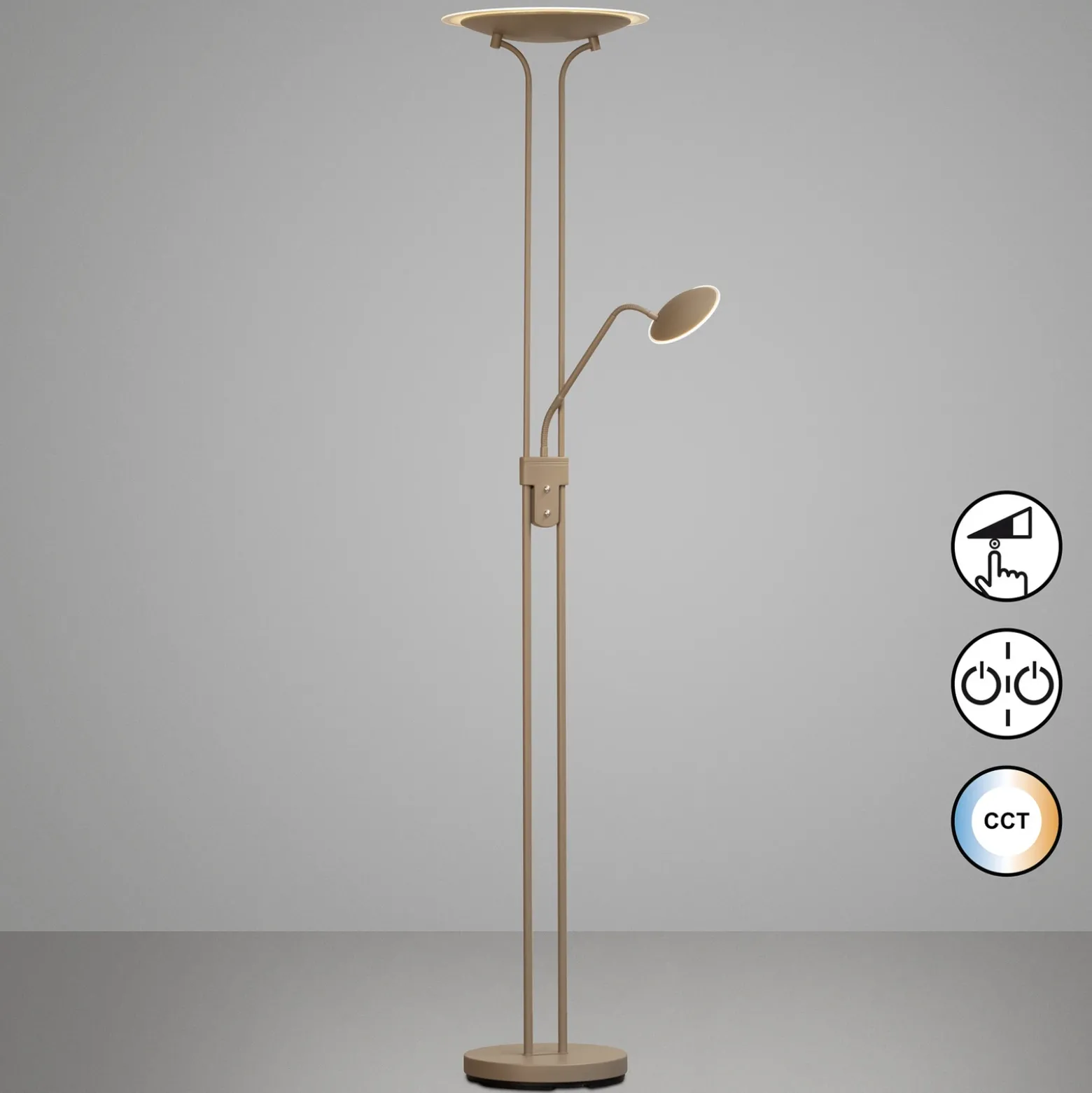 Lámpara de pie LED Tallri, gris beige, altura 180 cm, 2 luces, CCT Touchdim