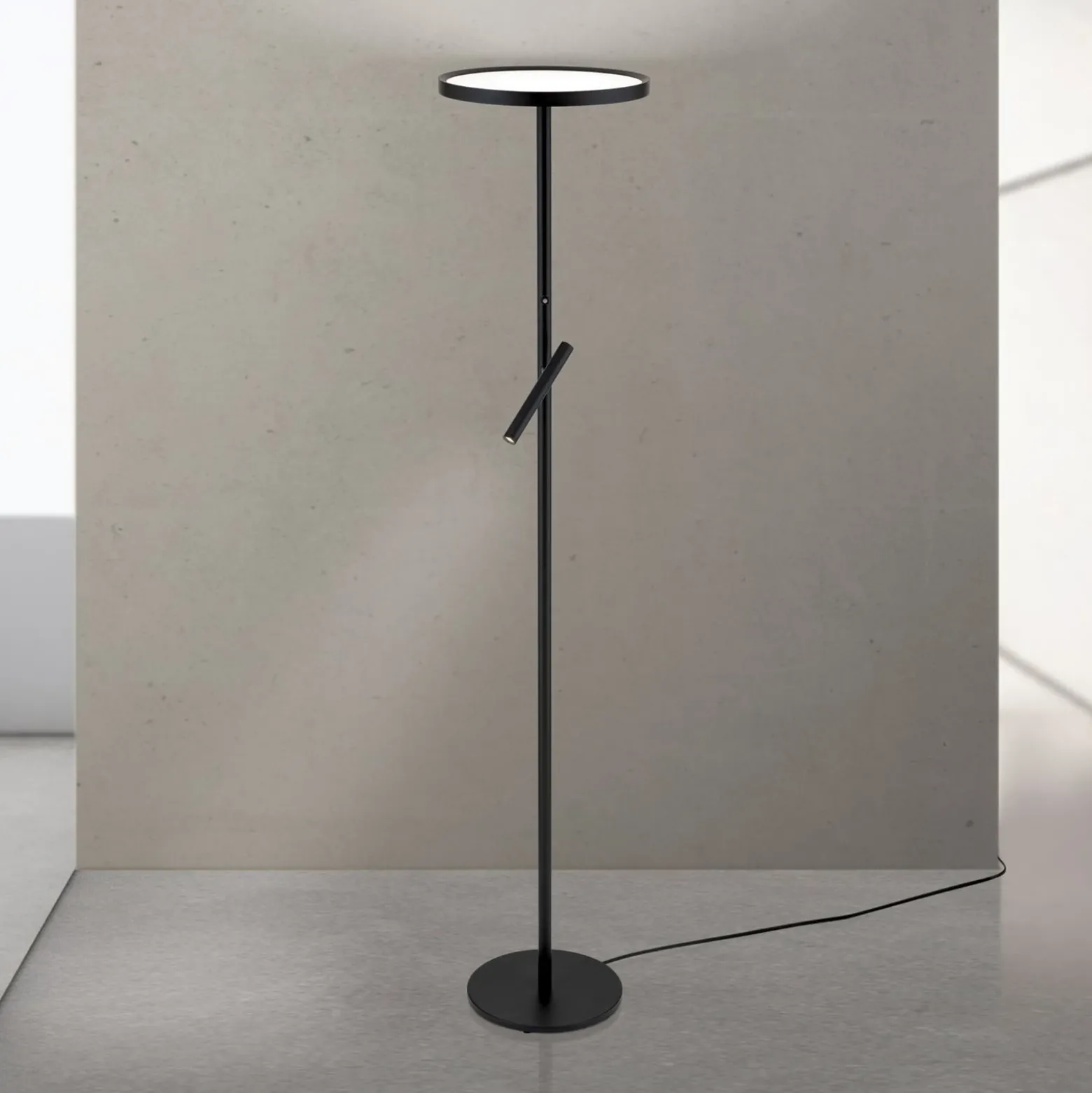 Lámpara de pie LED Teide, negro, metal, lámpara de lectura, atenuador