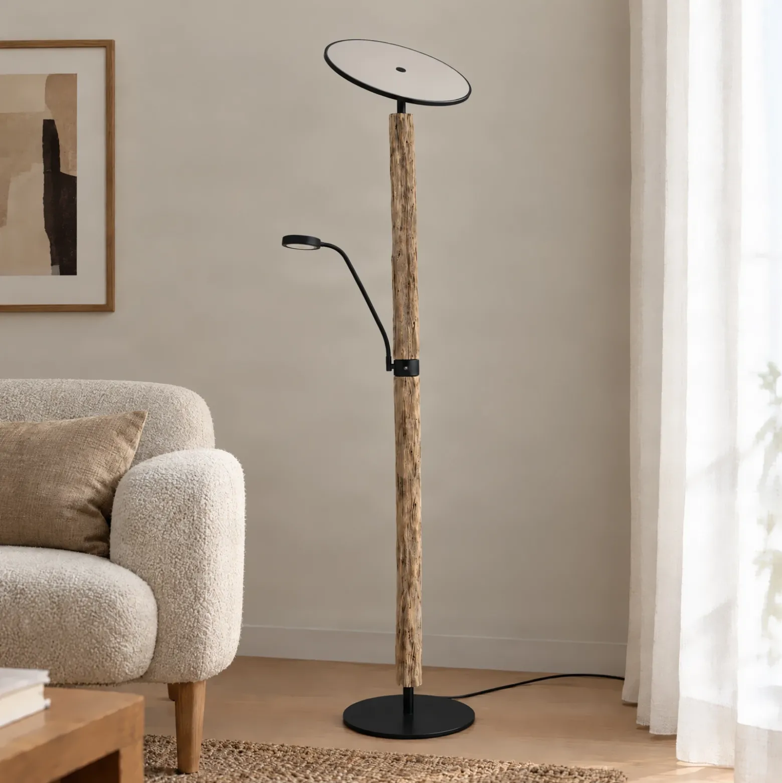 Lámpara de pie LED Woodland de Lucande, 180 cm, madera, brazo de lectura