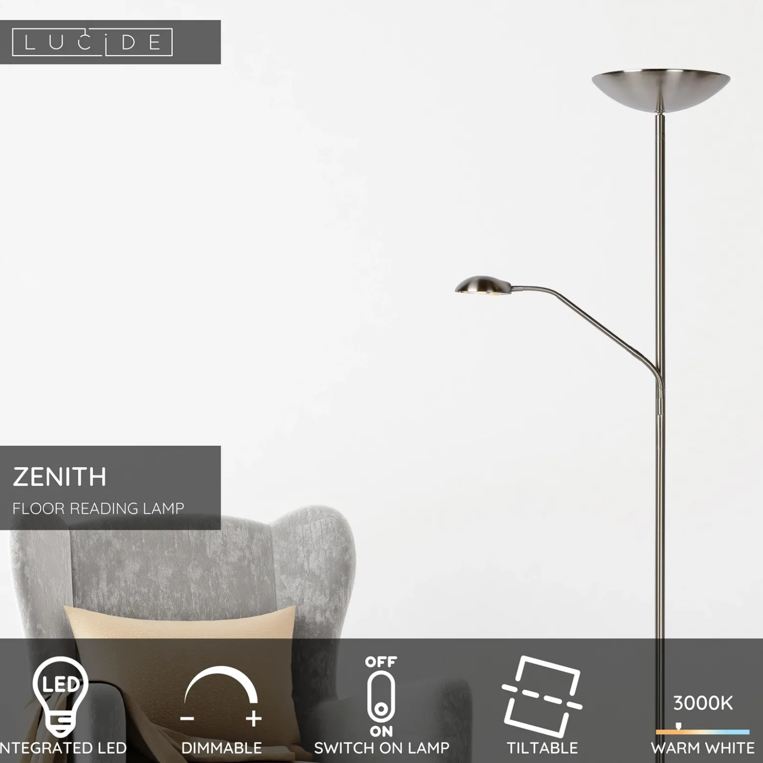 Lámpara de pie LED ZENITH, cromada, 2 luces. Altura: 180 cm. Metal atenuable