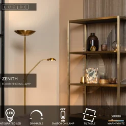Lámpara de pie LED ZENITH, dorada, 2 luces, altura 180 cm, metal, atenuable
