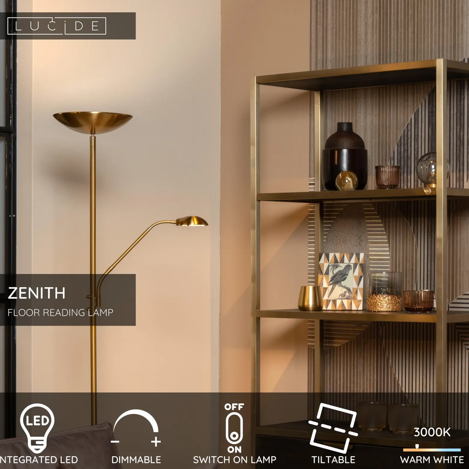 Lámpara de pie LED ZENITH, dorada, 2 luces, altura 180 cm, metal, atenuable