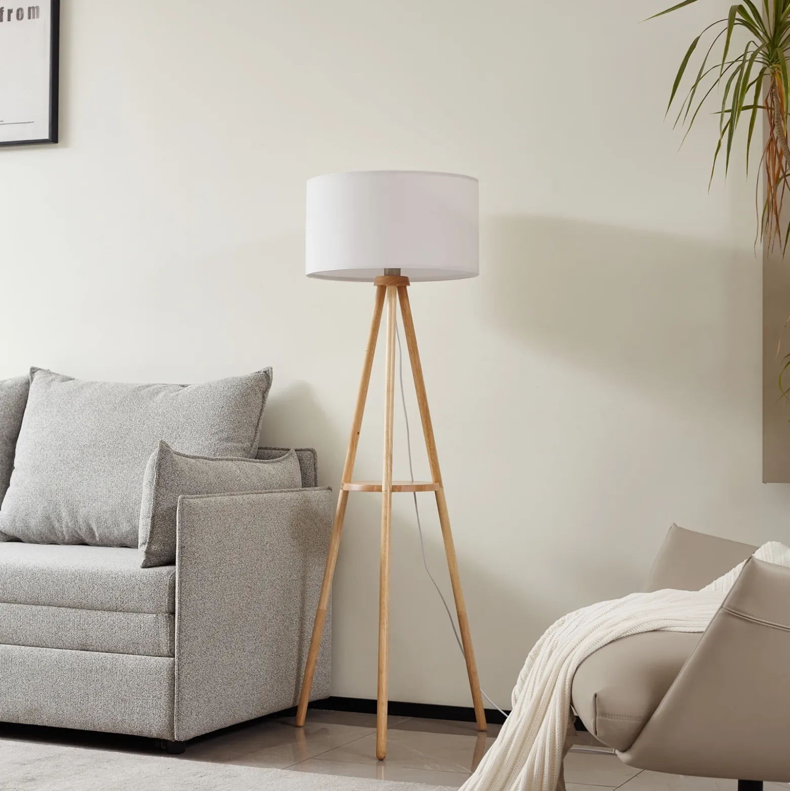 Lámpara de pie Lindby Adamio, Ø 45,5 cm, blanca, textil, trípode