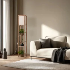 Lámpara de pie Lindby Birta, color madera/blanco, estantería, madera