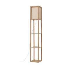 Lámpara de pie Lindby Birta, color madera/blanco, estantería, madera