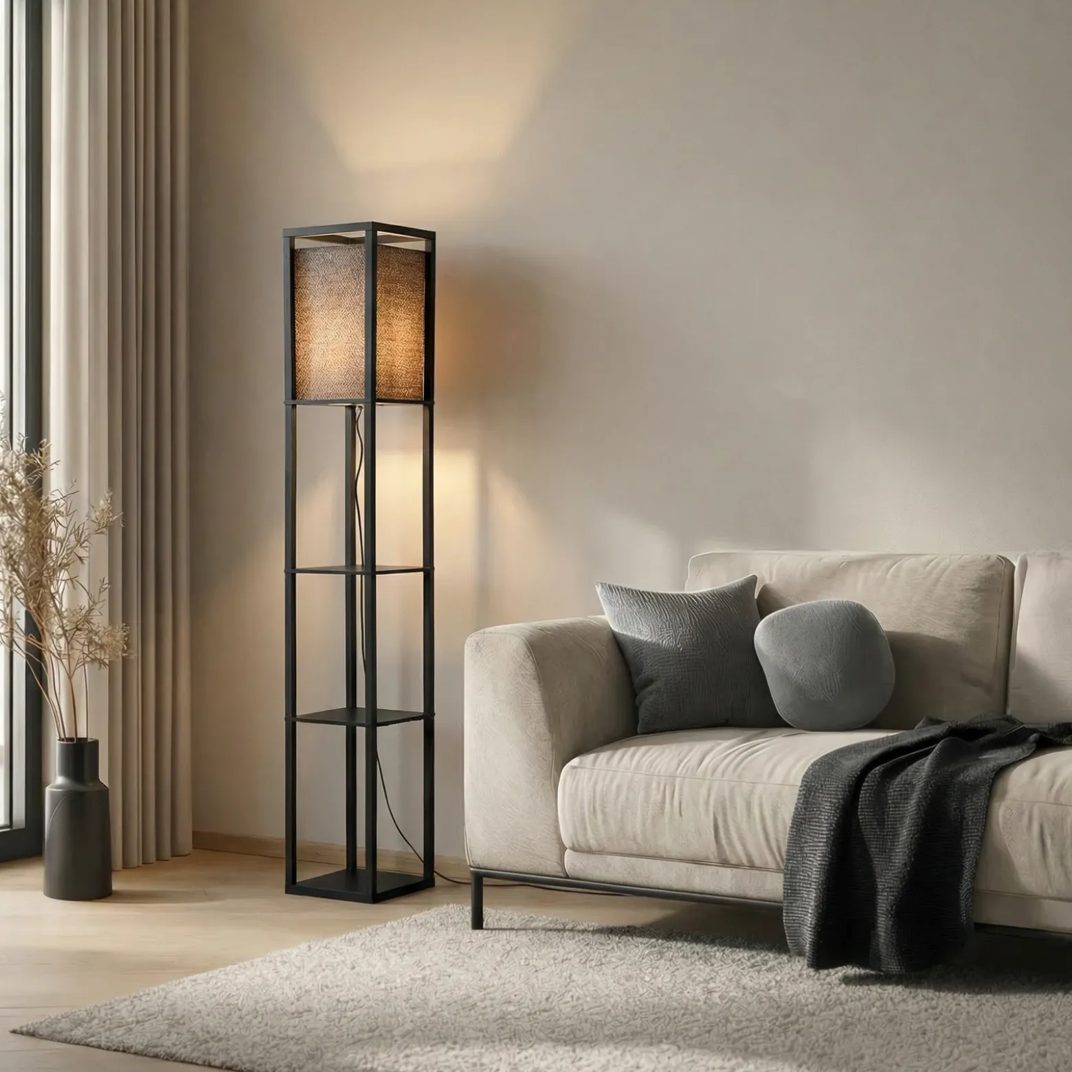 Lámpara de pie Lindby Birta, negra, estantería, madera, 159 cm