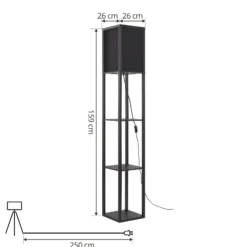 Lámpara de pie Lindby Birta, negra, estantería, madera, 159 cm