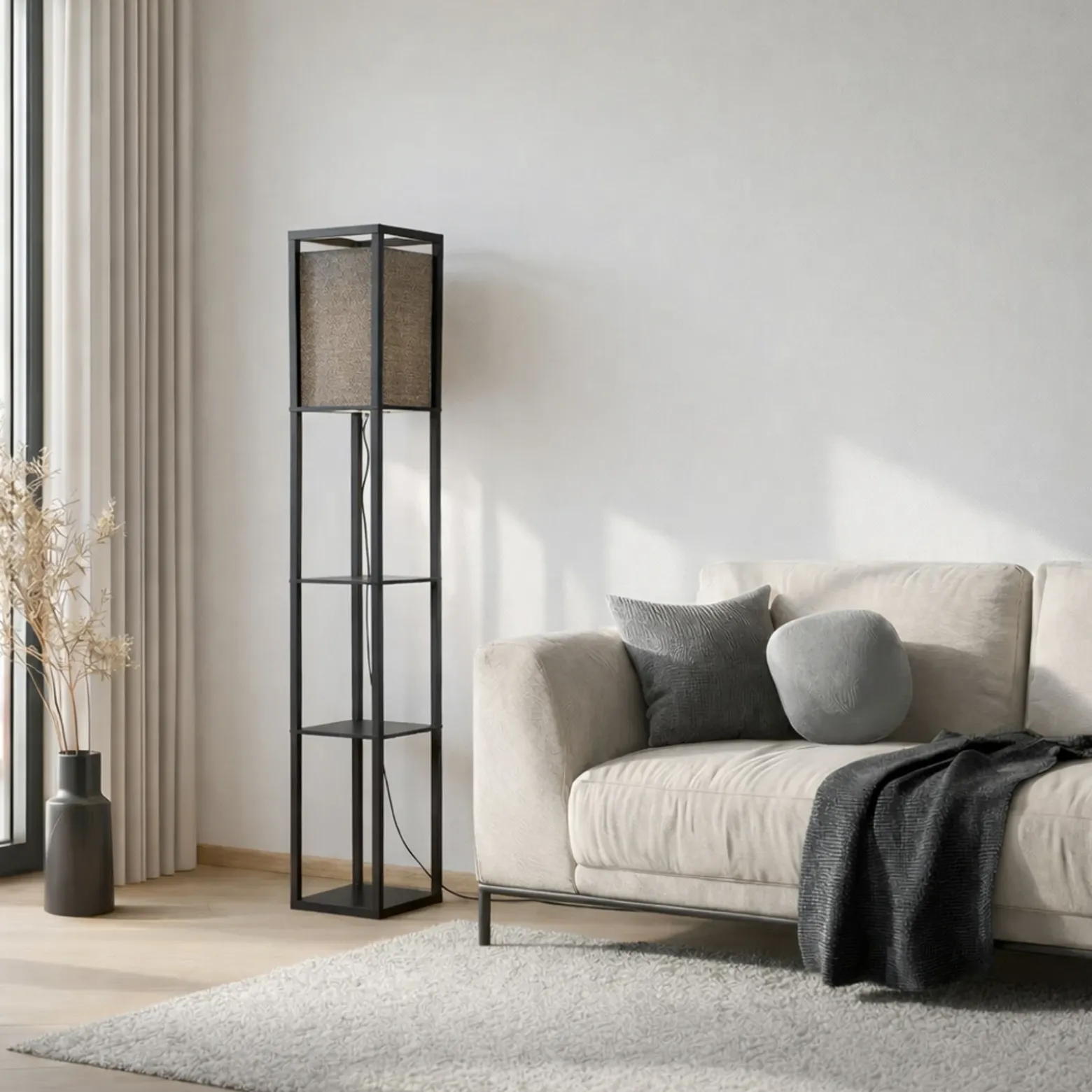 Lámpara de pie Lindby Birta, negra, estantería, madera, 159 cm