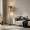 Lámpara de pie Lindby Birta, negra, estantería, madera, 159 cm