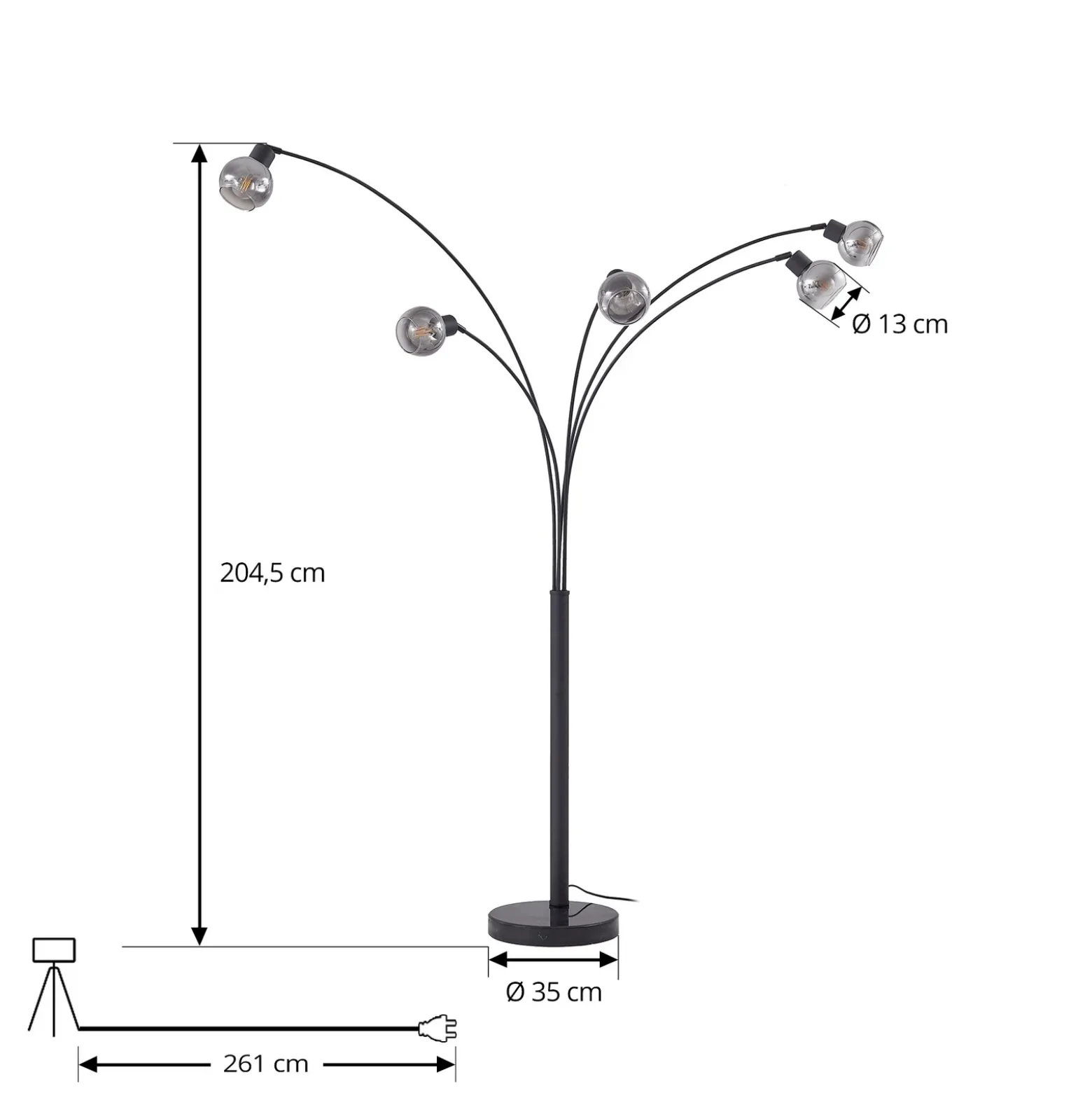 Lámpara de pie Lindby Braccio, gris/negro, cristal, 5 luces, 204,5 cm