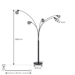 Lámpara de pie Lindby Braccio, gris/negro, cristal, 5 luces, 204,5 cm