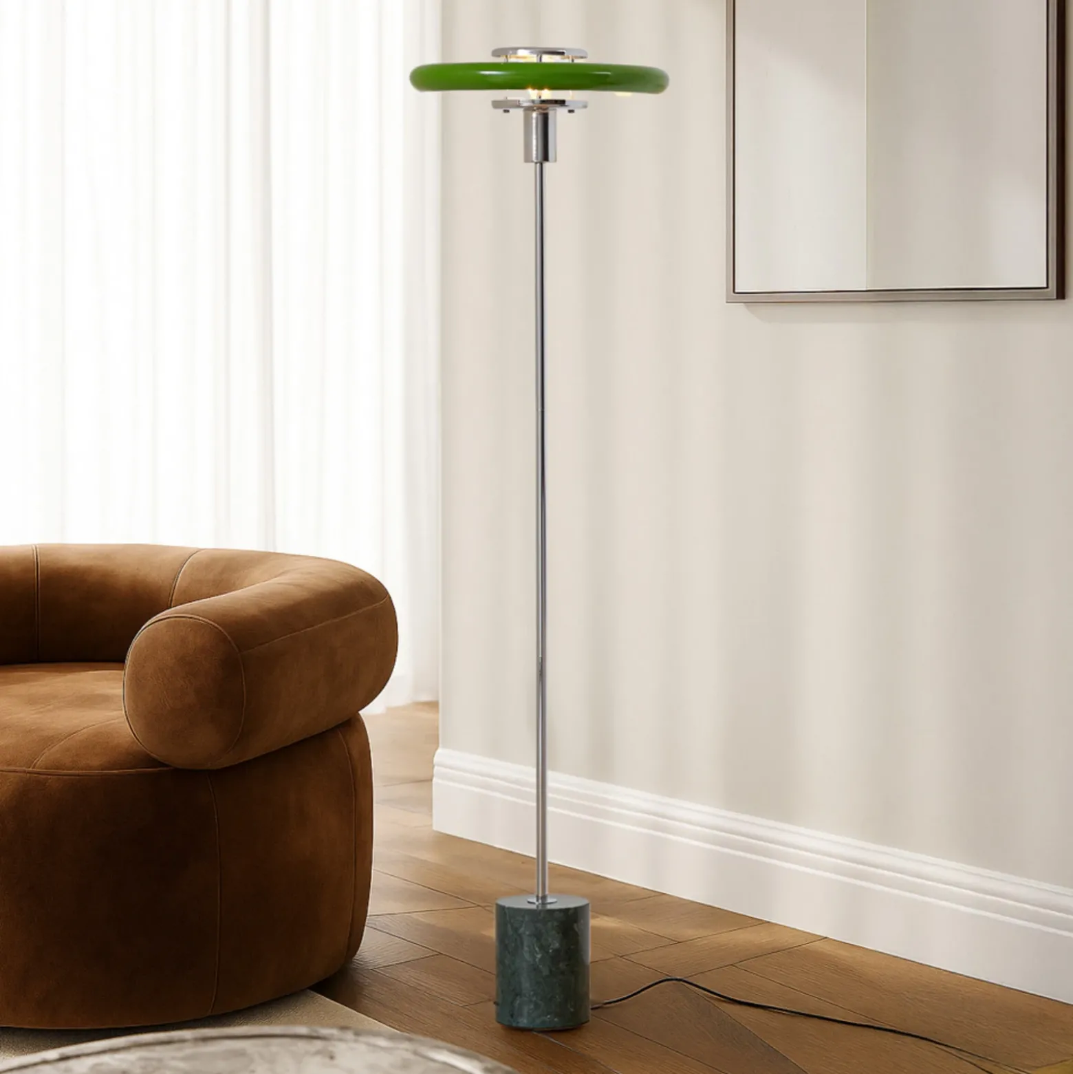 Lámpara de pie Lindby Branford, estilo retro, verde, metal/mármol
