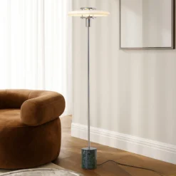 Lámpara de pie Lindby Branford, retro, blanco/verde, cristal opalino/mármol