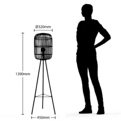 Lámpara de pie Lindby Canyana, 139 cm, natural, ratán, trípode