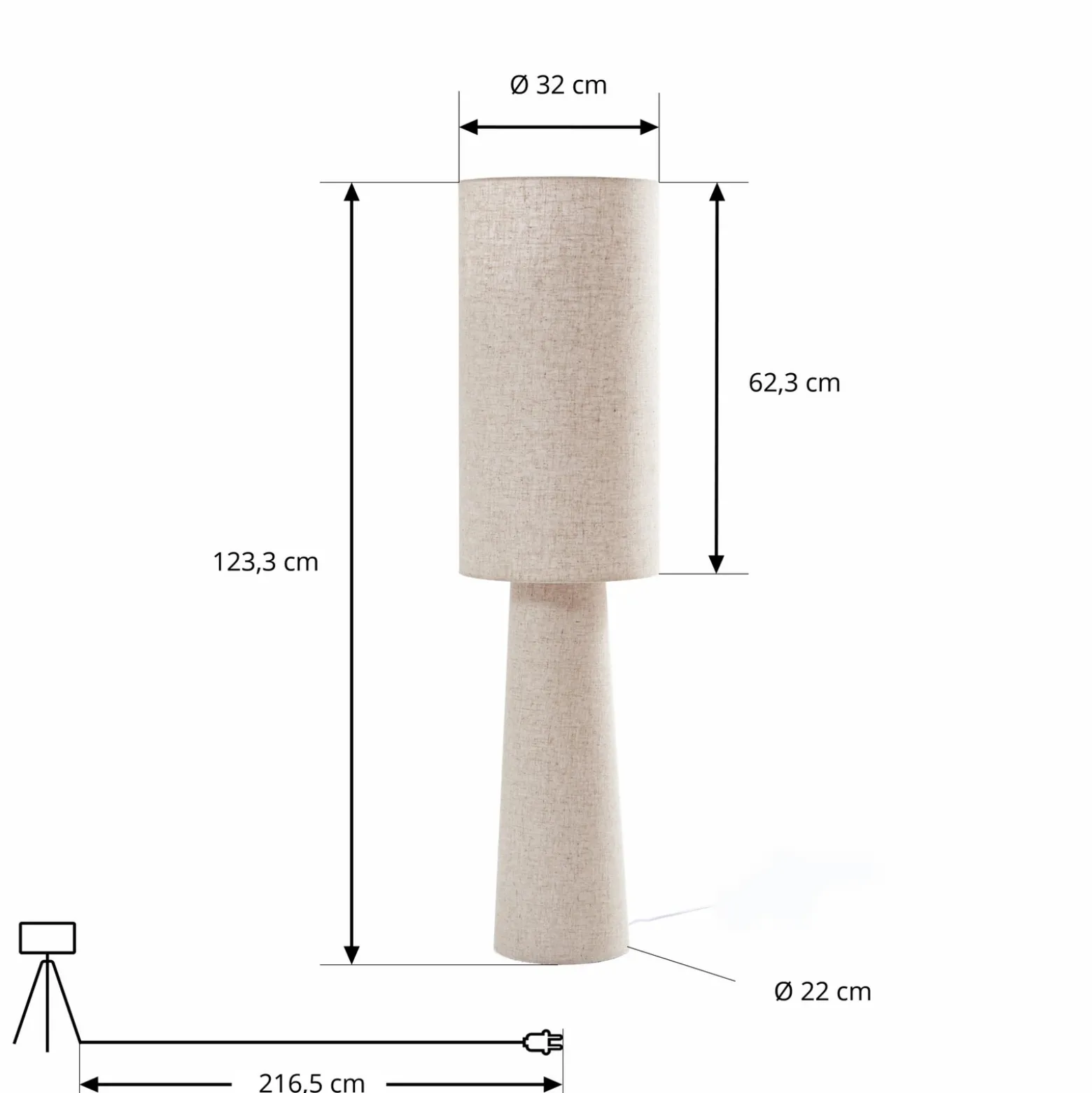 Lámpara de pie Lindby Elfie, altura 124 cm, beige, lino, 2x E27