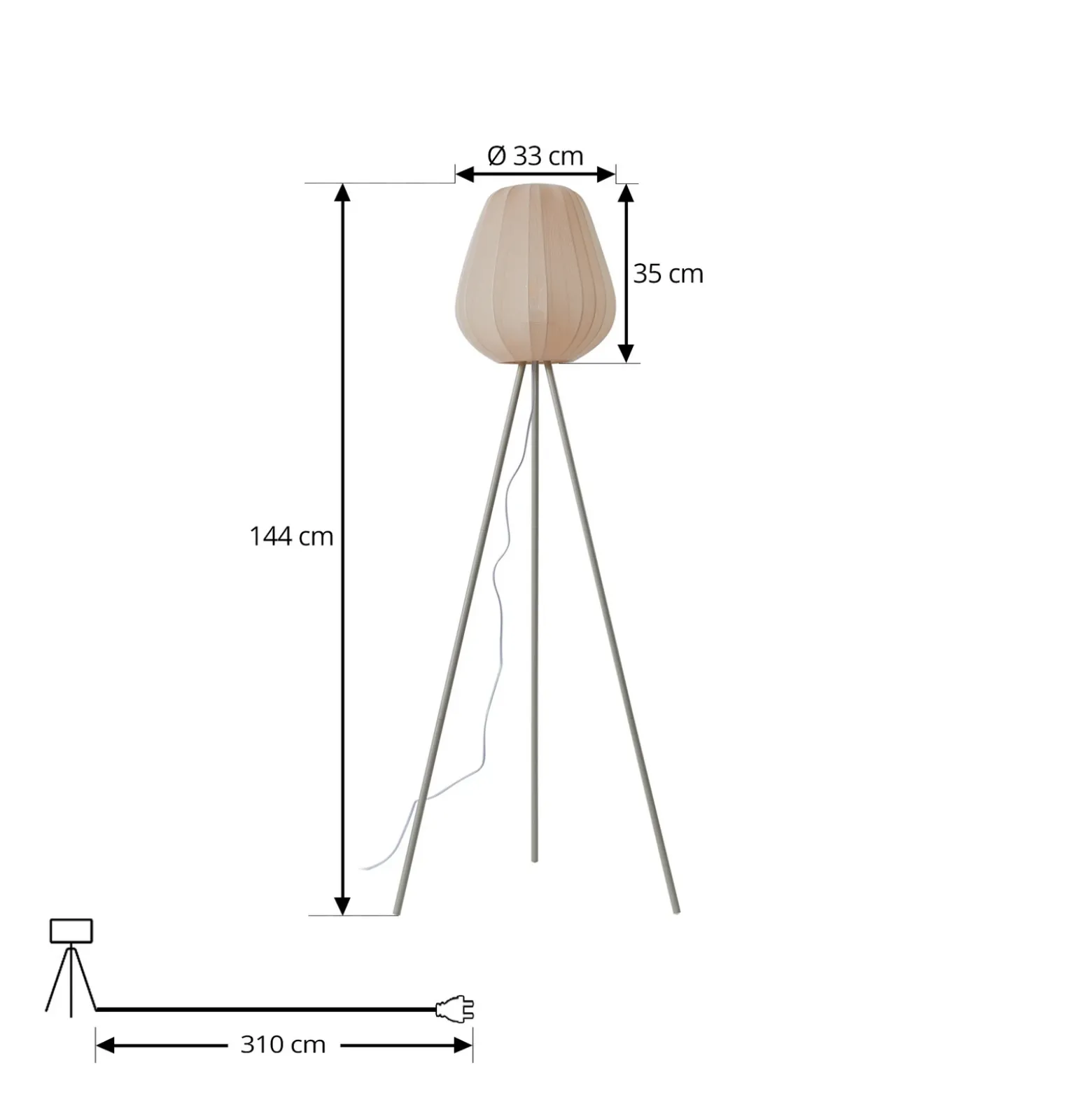 Lámpara de pie Lindby Helin, beige, textil, trípode, 144 cm, E27