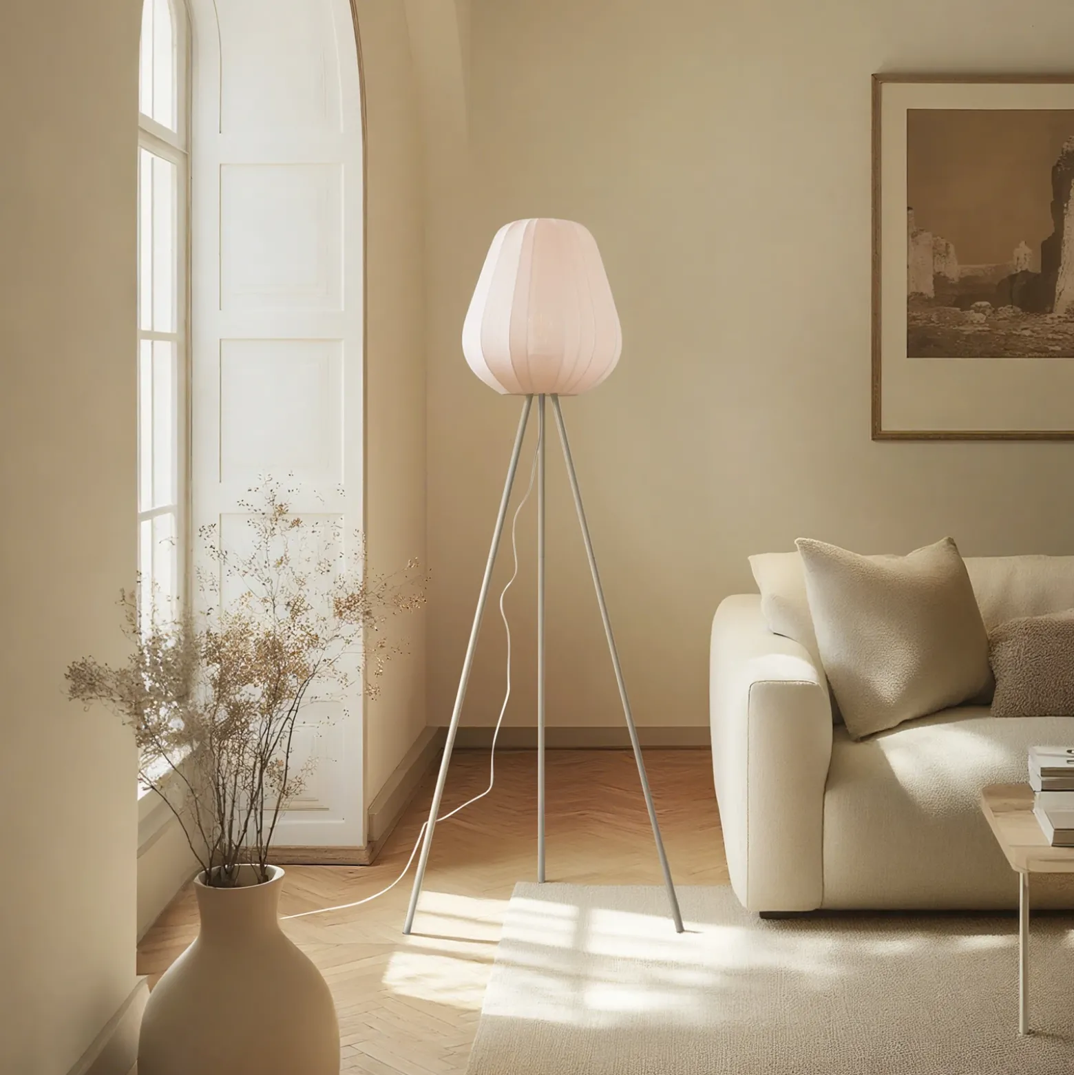 Lámpara de pie Lindby Helin, beige, textil, trípode, 144 cm, E27