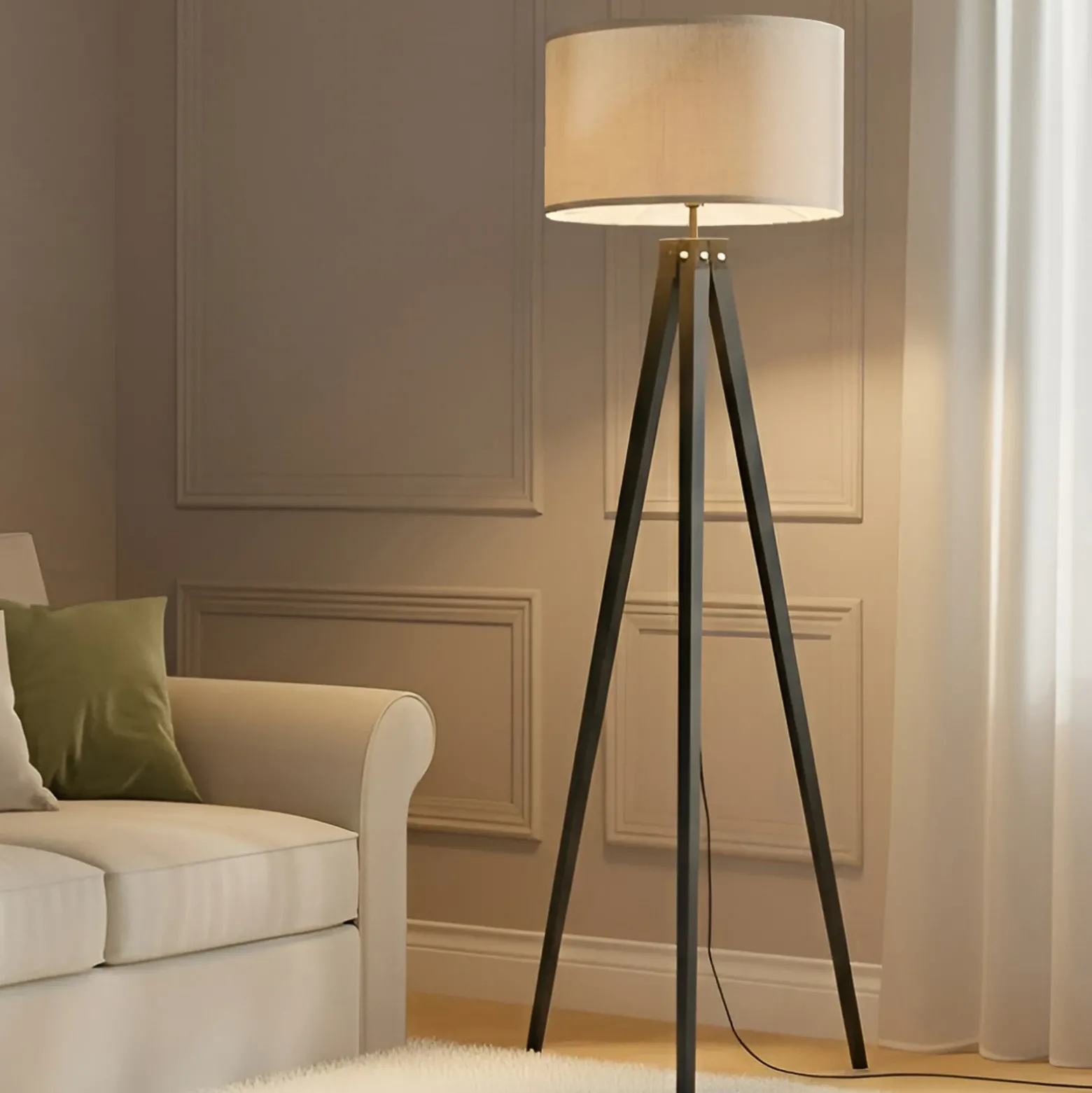 Lámpara de pie Lindby Herry, negra, madera, trípode, 153 cm