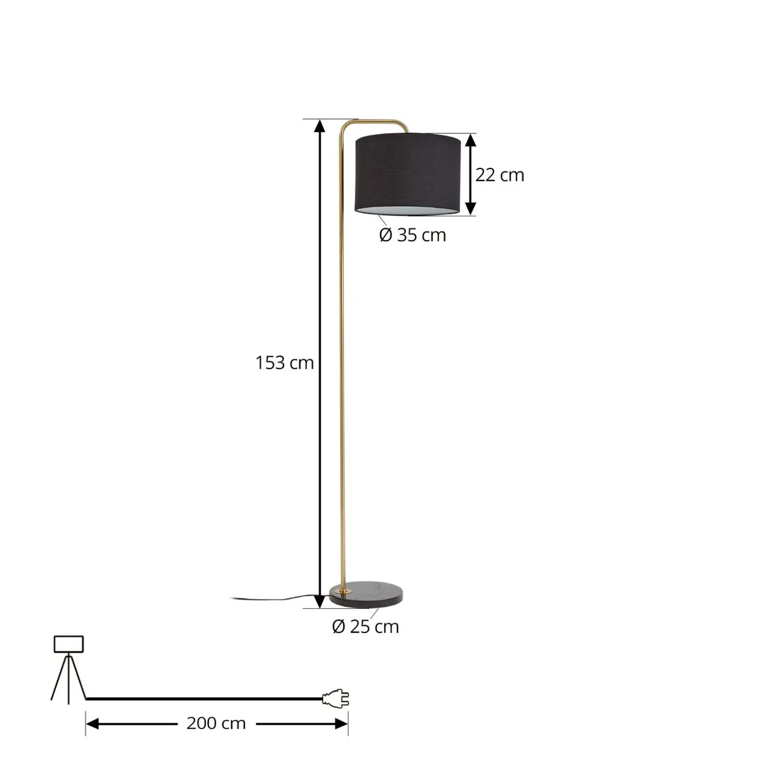 Lámpara de pie Lindby Hillary, negro/oro, mármol, 153cm