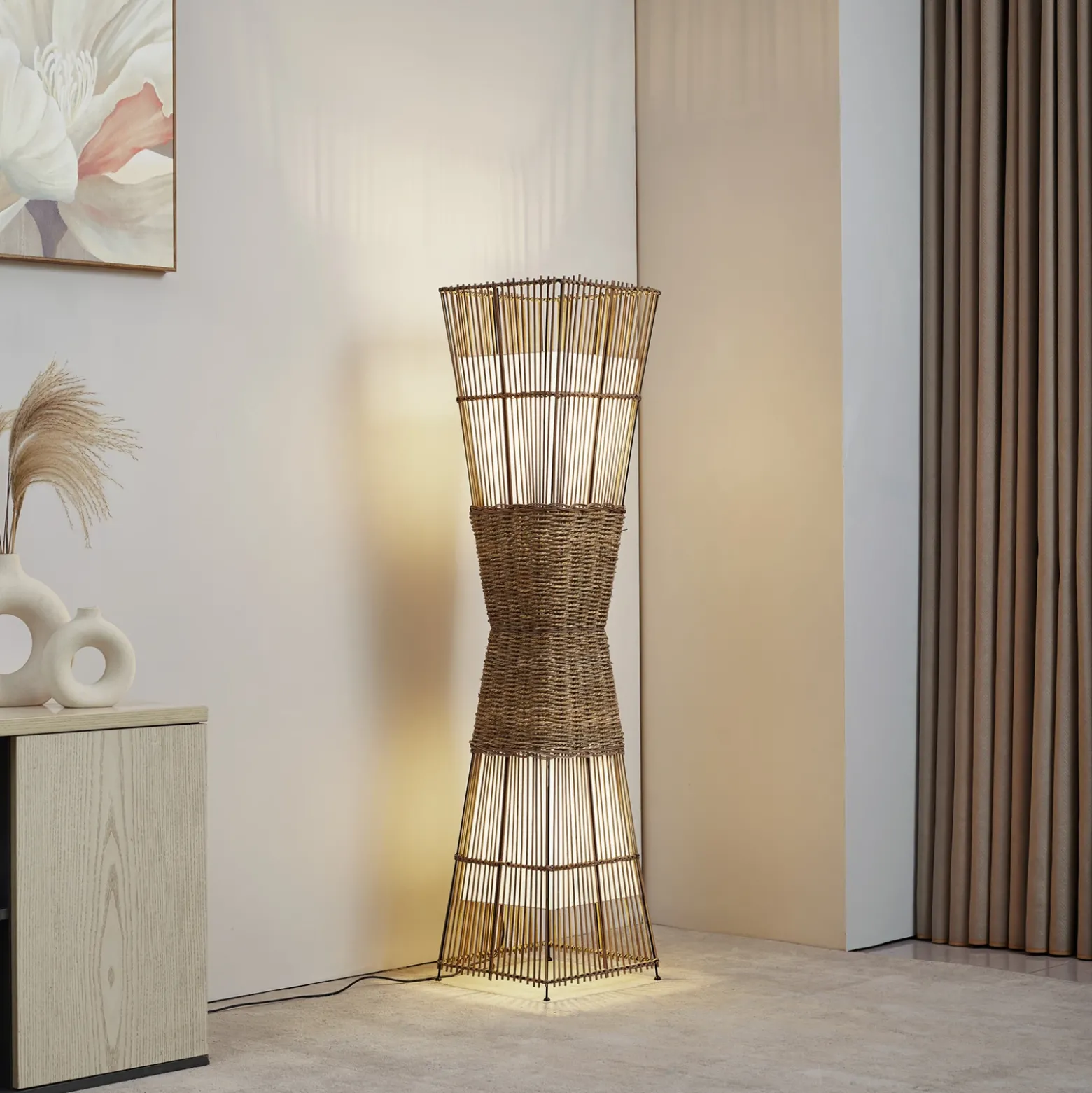 Lámpara de pie Lindby Jacinto, bambú, cáñamo, altura 130 cm