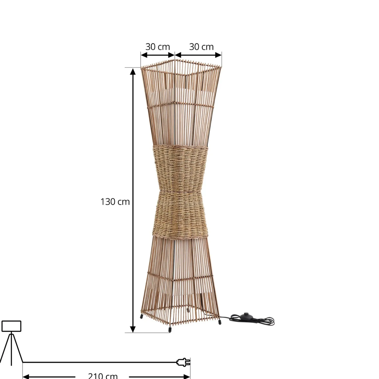 Lámpara de pie Lindby Jacinto, bambú, cáñamo, altura 130 cm
