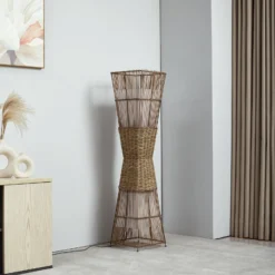Lámpara de pie Lindby Jacinto, bambú, cáñamo, altura 130 cm