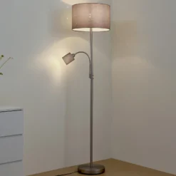 Lámpara de pie Lindby Jaileen, gris, tejido, 171 cm, brazo de lectura