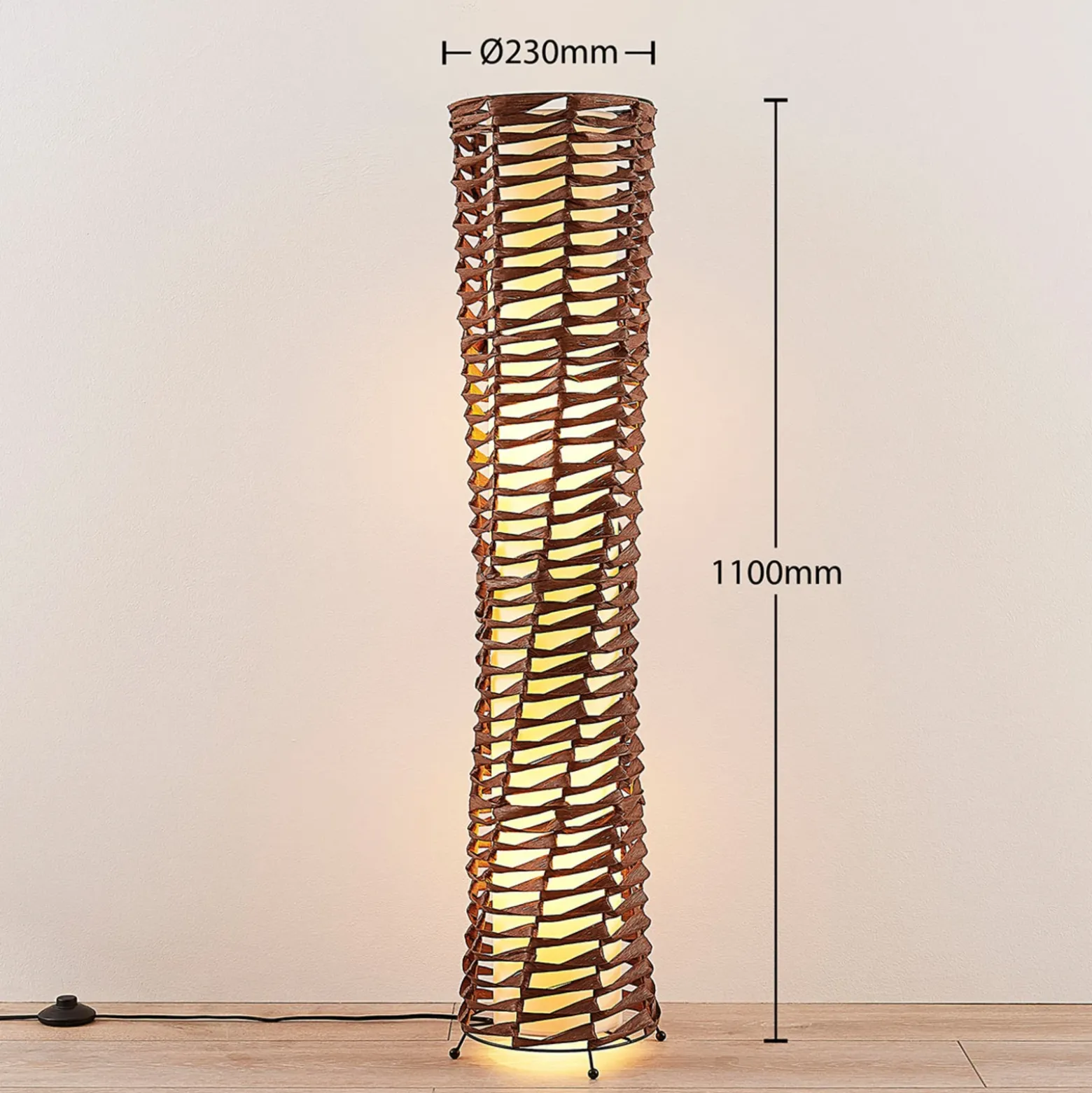 Lámpara de pie Lindby Joas, 110 cm, papel, textil, marrón