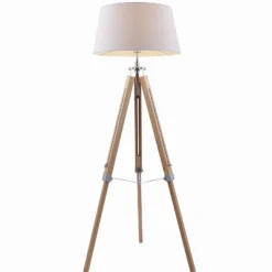 Lámpara de pie Lindby Katie, 162 cm, blanca, textil, madera, trípode