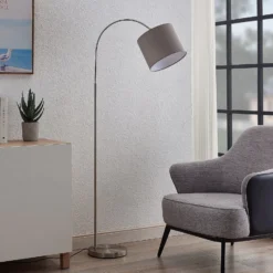 Lámpara de pie Lindby Keriba, níquel/gris, tela, 150 cm, E27