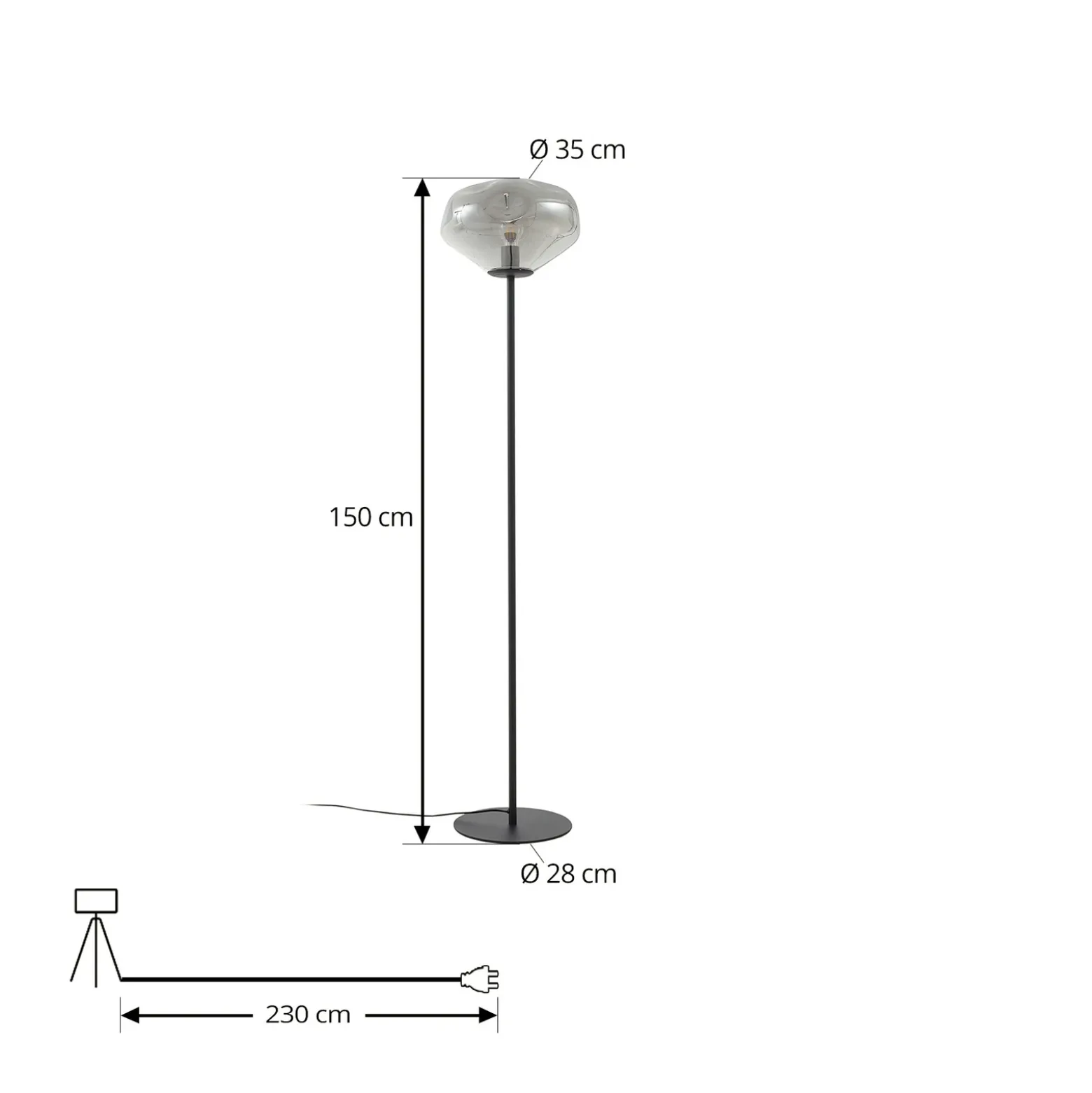 Lámpara de pie Lindby Lelia, gris humo, cristal, metal, 150 cm