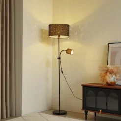 Lámpara de pie Lindby Melanie, gris, tela, Ø 36 cm, 2 luces.