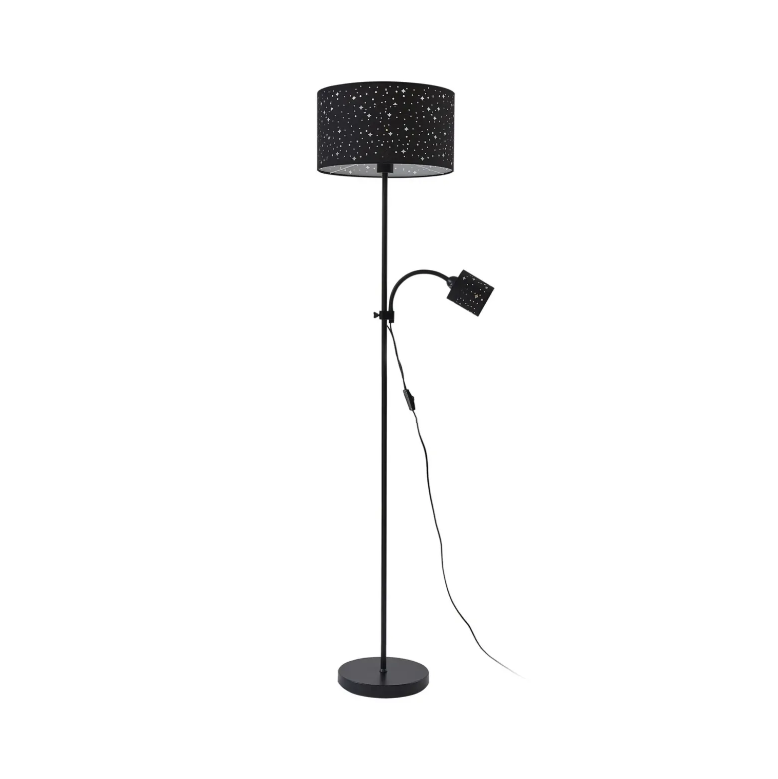 Lámpara de pie Lindby Melanie, negra, tela, Ø 36 cm, 2 luces.