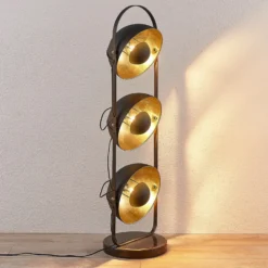 Lámpara de pie Lindby Muriel, 3 luces, negro/oro, metal
