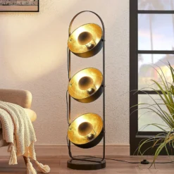 Lámpara de pie Lindby Muriel, 3 luces, negro/oro, metal