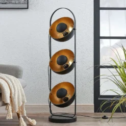 Lámpara de pie Lindby Muriel, 3 luces, negro/oro, metal