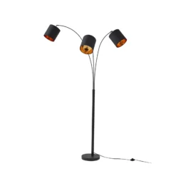 Lámpara de pie Lindby Nanika, 3 luces, negro/dorado, 200 cm, E27