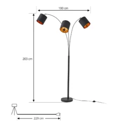 Lámpara de pie Lindby Nanika, 3 luces, negro/dorado, 200 cm, E27