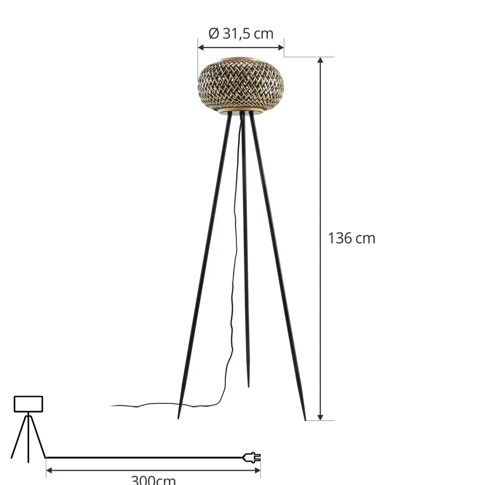 Lámpara de pie Lindby Nerys, negra, bambú, Ø 31,5 cm, trípode