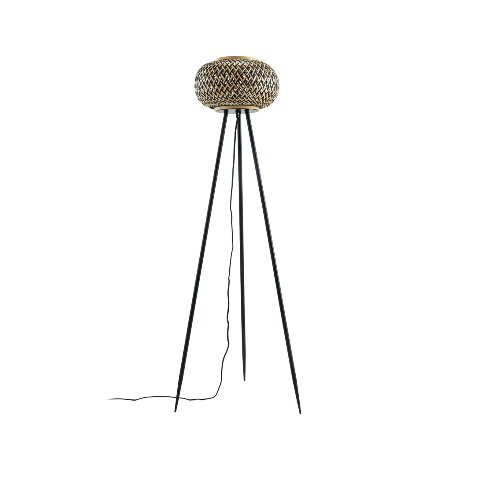 Lámpara de pie Lindby Nerys, negra, bambú, Ø 31,5 cm, trípode