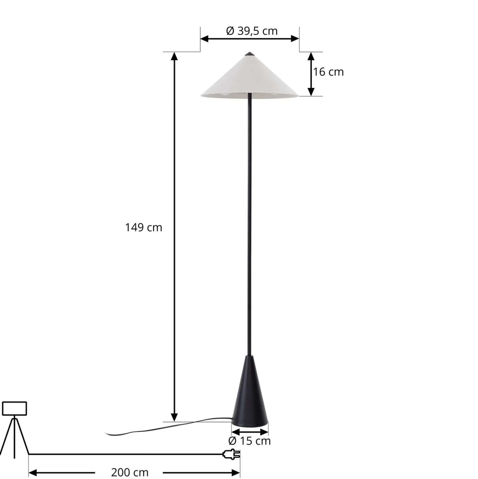 Lámpara de pie Lindby Norvik, altura 150 cm, negro/gris, metal