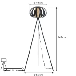 Lámpara de pie Lindby Tamira, negra, ratán, 143 cm de altura, E27