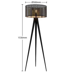 Lámpara de pie Lindby Thoralf, trípode, negro, textil, Ø50cm