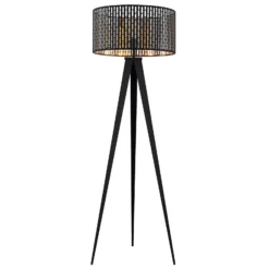 Lámpara de pie Lindby Thoralf, trípode, negro, textil, Ø50cm