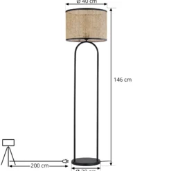 Lámpara de pie Lindby Yaelle, 146 cm de altura, ratán, negro, E27