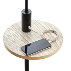 Lámpara de pie Lindby Zinia, negra, estante, conexión USB