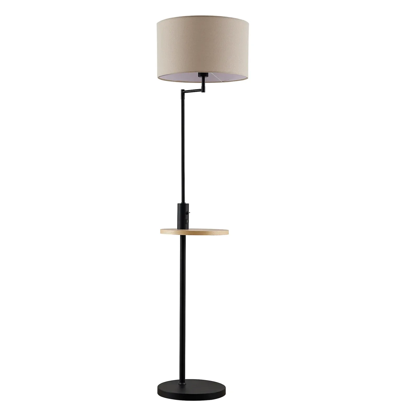 Lámpara de pie Lindby Zinia, negra, estante, conexión USB