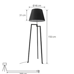 Lámpara de pie Lucande Amona, negra, textil, 150 cm, trípode