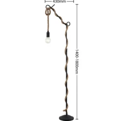 Lámpara de pie Lucande Ropina, altura 180 cm, negro, cuerda de cáñamo