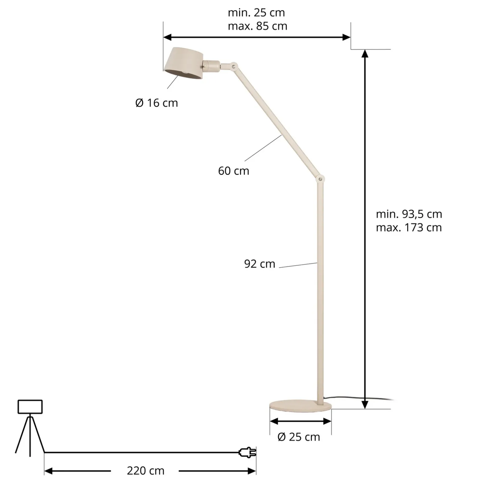 Lámpara de pie Lucande Silka, 173 cm, beige, regulable, E27